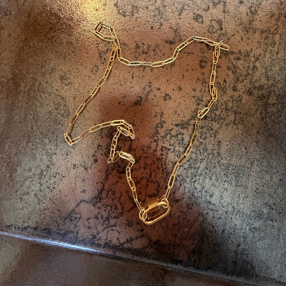 Gold paperclip necklace with carabiner charm